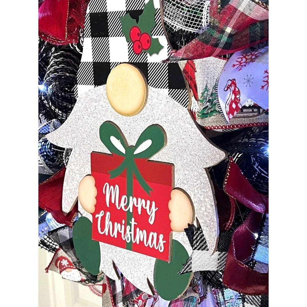 Handmade Merry Christmas Gnome Holiday Ribbon Door Wreath 22 ins W48